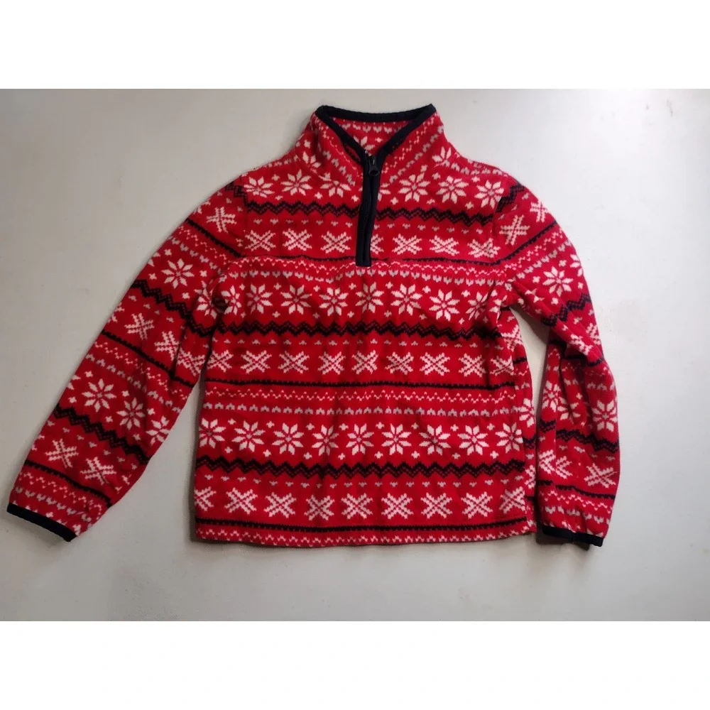 OshKosh B'gosh‎ Kids Red Fair Isle Snowflake Fleece Quarter Zip Pullover Size 7